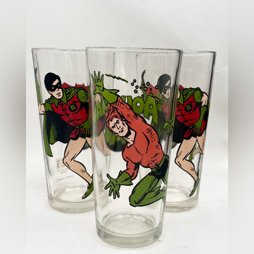 VTG 1978 Aquaman & 2 Robins DC Comics Inc. Collector Series Pepsiโ Cola Glasses